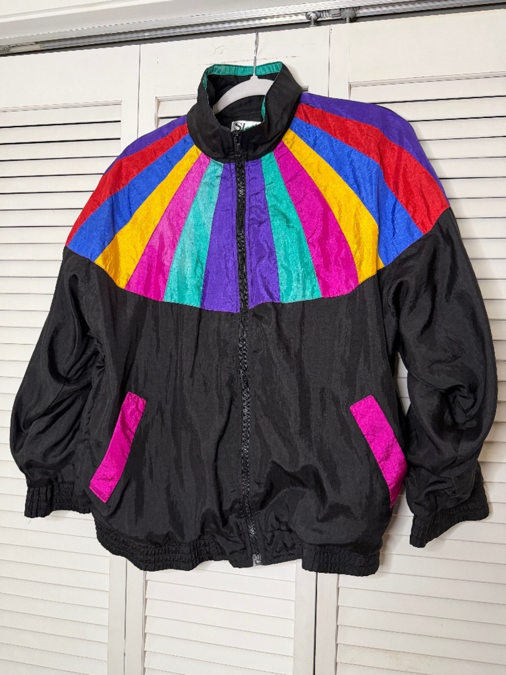 Vintage 80-90s Slade Nylon Windbreaker Black Rainbow Jacket w/Pockets Sz M